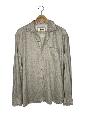 100% Linen Button Down Shirt Size L Leaf Print Neutral